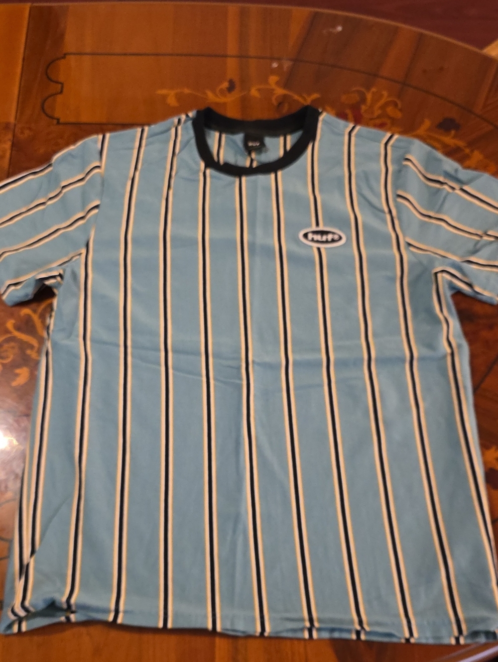 HUF Blue Striped Short Sleeve Tee with Black Collar